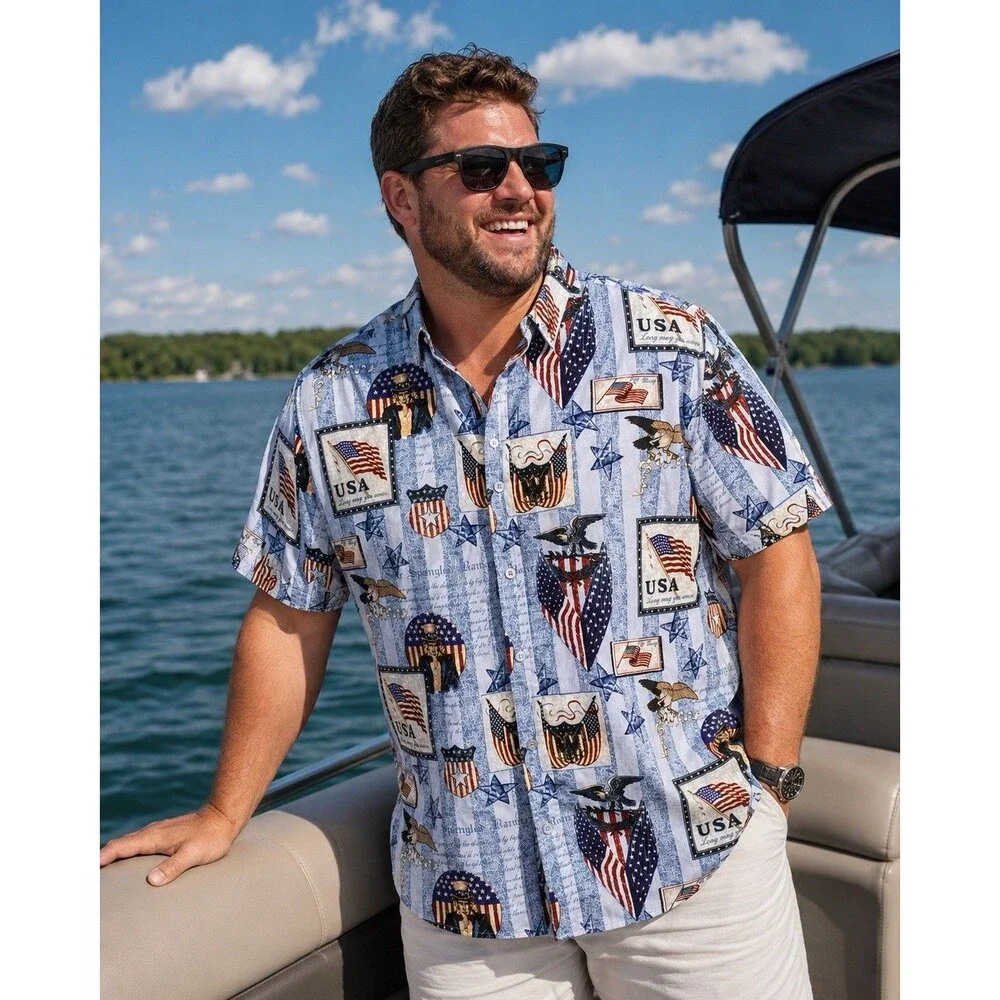 Patriotic Shirt XXL American Flag Uncle Sam Button Up USA Clearwater Outfitters